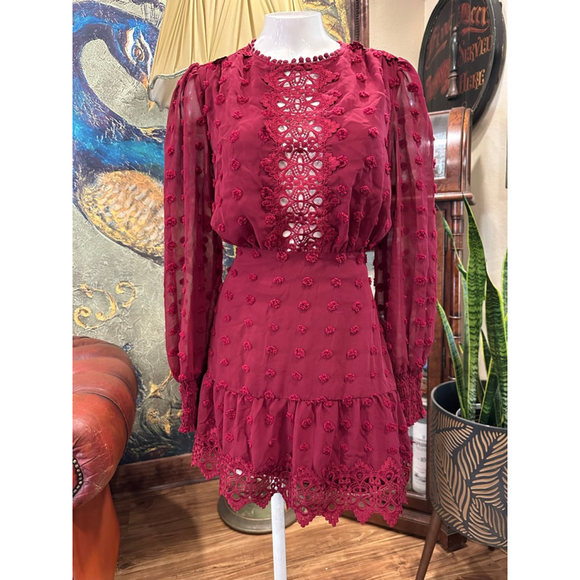 Lulus "Bohemian Dream" Burgundy Swiss dots and Lace Mini Dress - Picture 3 of 16